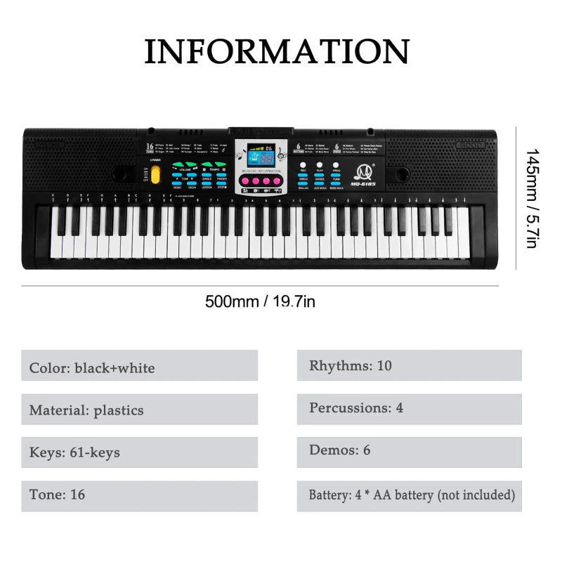 61 Keys Digital Music Electronic Keyboard Kids Multifunctional Electric Piano for Piano Student with Microphone Function