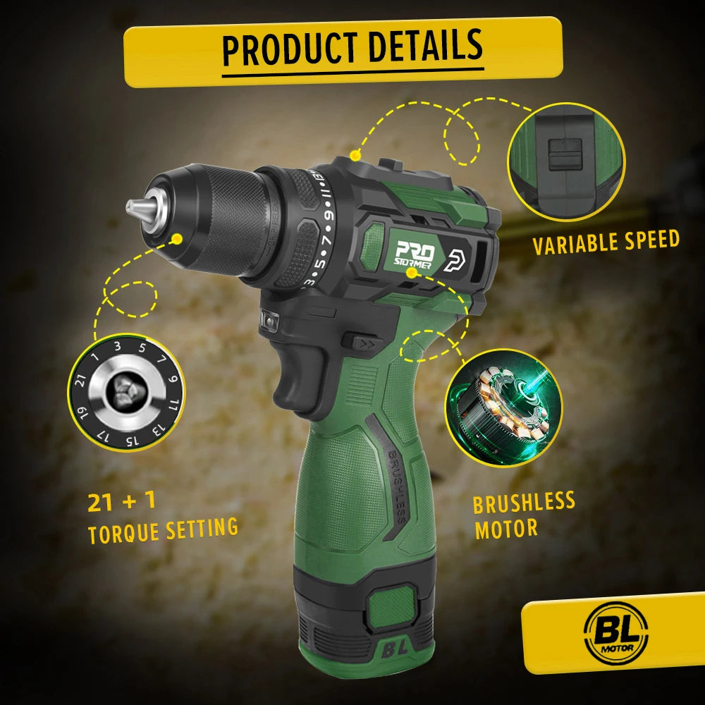 17V Brushless Electric Drill 55NM Mini Screwdriver Li-ion Battery 5pcs Bit Drill By PROSTORMER