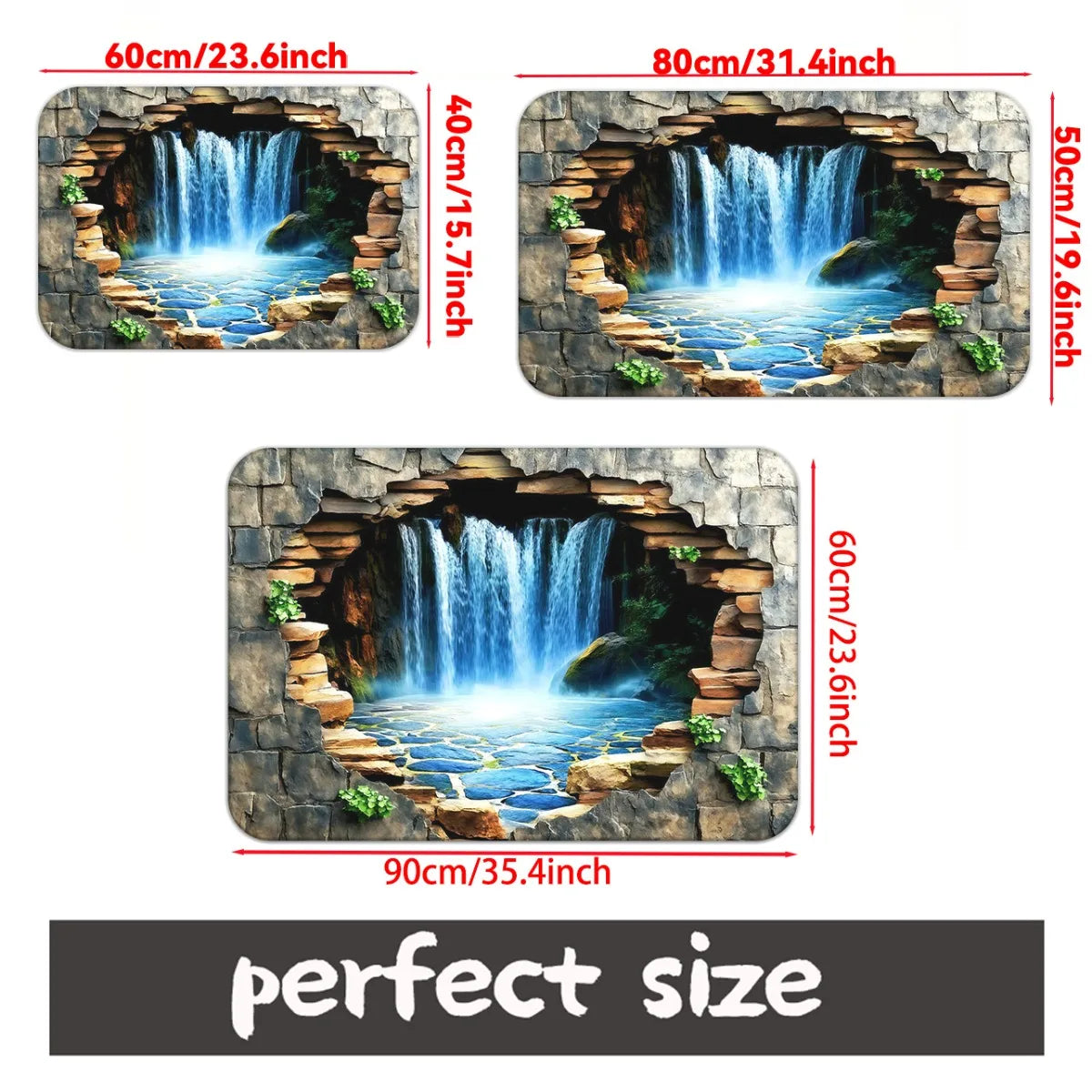 "Waterfall Scene" Doormat – 3D Stone Cave Design with Flowing Water, Non-Slip & Machine Washable for Entryway or Home Decor