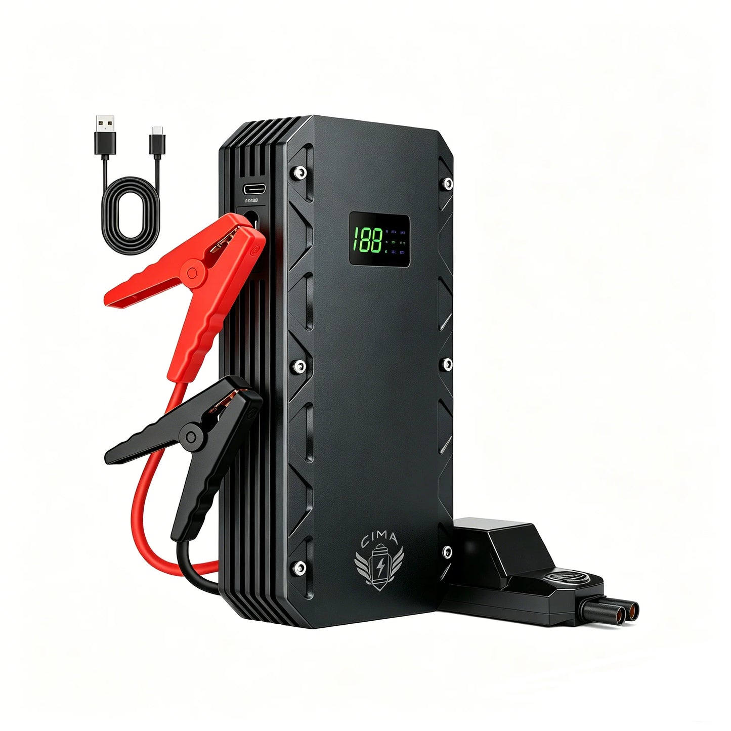 12000mA 12V Car Battery Booster Pack with Smart Safety Clamps 1200A Peak Jump Starter  QC USB Power Bank, Emergency SOS LED Li