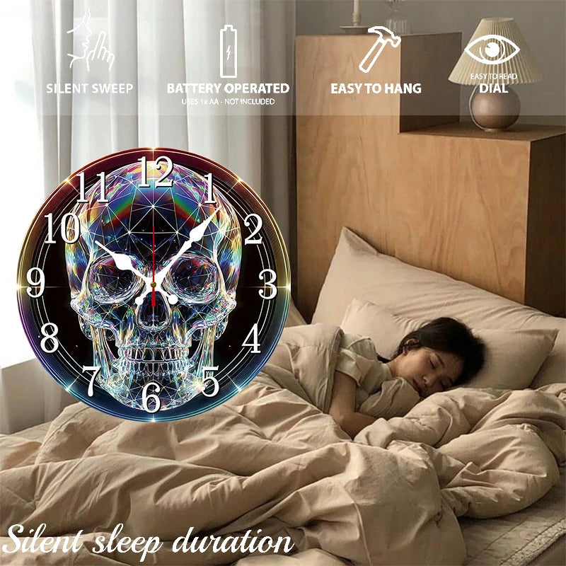 Rustic Gothic Skull Wooden Round Silent Hanging Wall Clock, Home Decoration