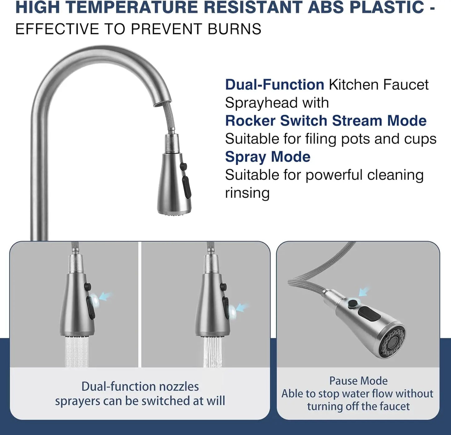 Stainless Steel Pull-Down Kitchen Faucet with Spray, Single Handle for 1-Hole Sink, Durable and Easy Install