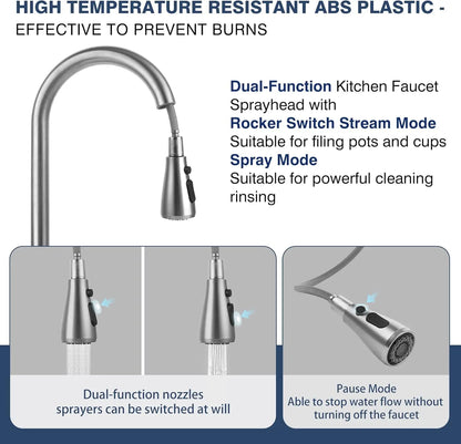 Stainless Steel Pull-Down Kitchen Faucet with Spray, Single Handle for 1-Hole Sink, Durable and Easy Install