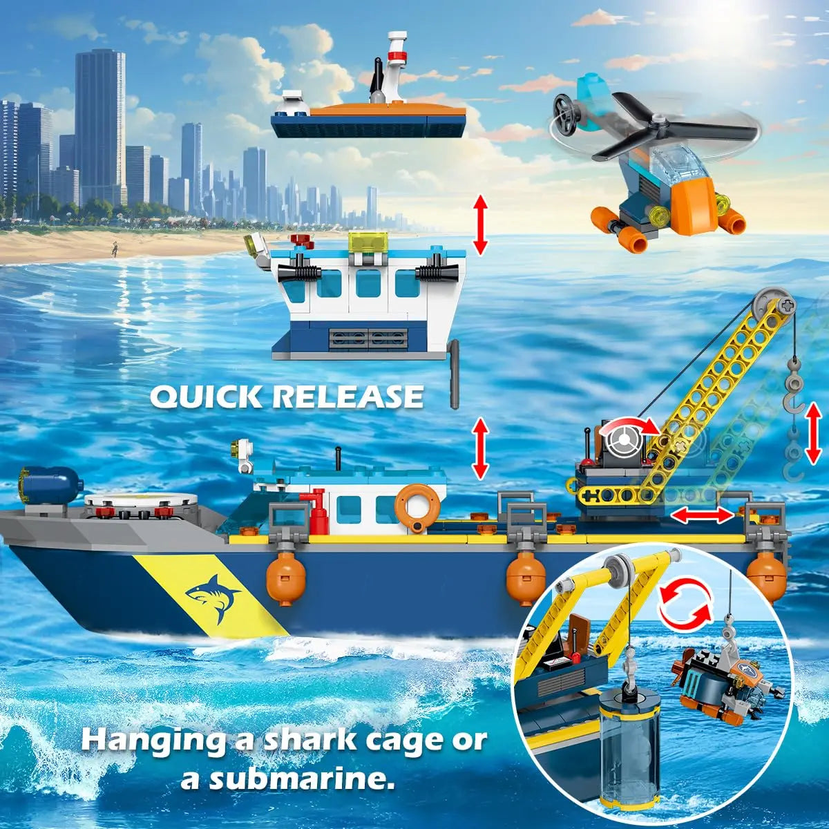 HOGOKIDS Floatable Boat Building Set with LED-Fun Arctic Explorer Ship with Helicopter Sub Shark Cage Birthday Gift for 6+kids