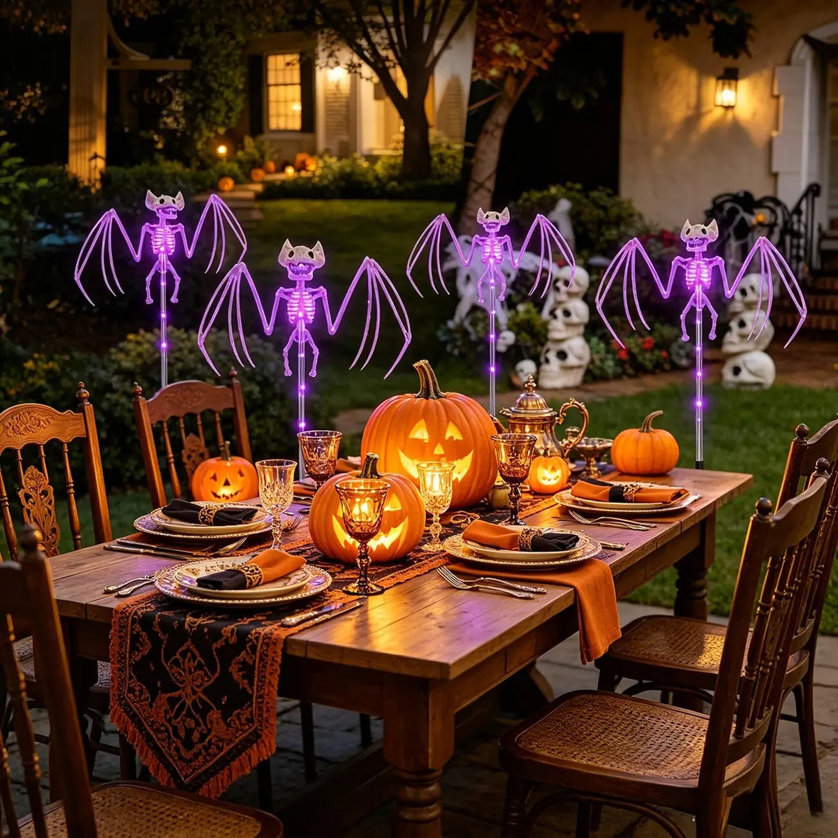 Halloween Decorations Outdoor Solar Garden Lights 2PC 3D Scary Bats Skeleton Waterproof Purple Orange LED Lights