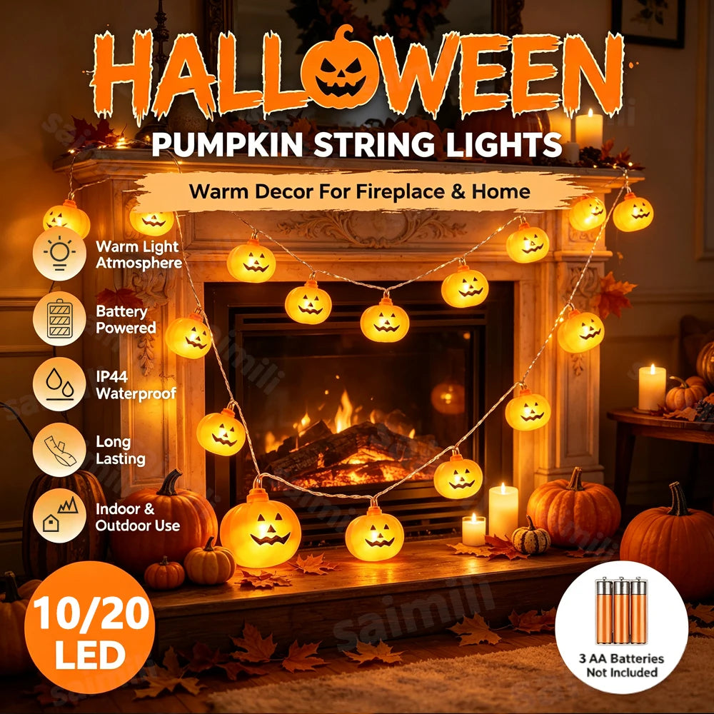 Halloween Spooky Pumpkin Shape LED String Lights Battery Operated Warm Glow Lamp Multi Scene Decor