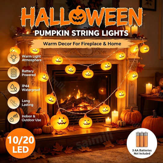 Halloween Spooky Pumpkin Shape LED String Lights Battery Operated Warm Glow Lamp Multi Scene Decor