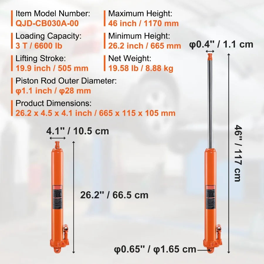 Hydraulic Long Ram Jack 3 Ton Engine Hoist Cylinder with Single Piston Pump and Clevis Base for Garage/Shop Cranes Mechanical F