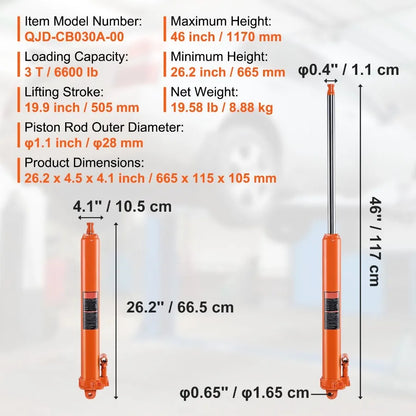 Hydraulic Long Ram Jack 3 Ton Engine Hoist Cylinder with Single Piston Pump and Clevis Base for Garage/Shop Cranes Mechanical F