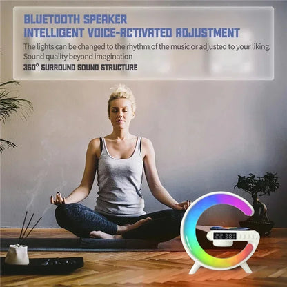 Multifunction Wireless Charger Stand Pad RGB Light Alarm Clock Speaker Fast Charging Dock Station