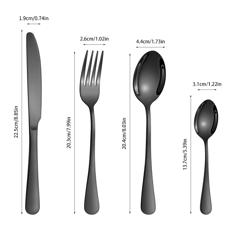 4/6/16/24pcs Black stainless steel cutlery 1010 round handle knife, fork and spoon cutlery set suitable for home and hotel