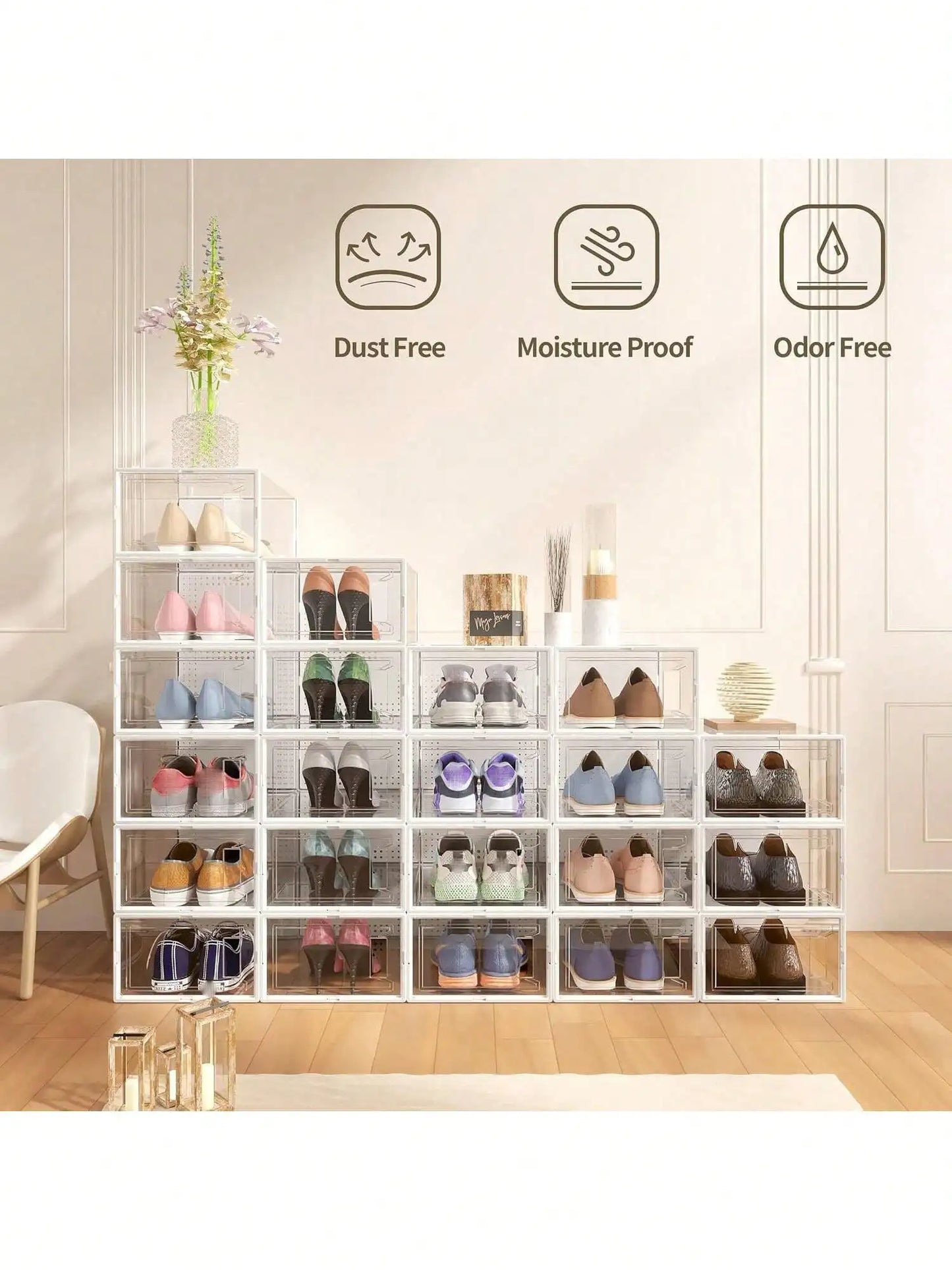 12-Pack Clear Stackable Shoe Boxes - Plastic, Black, For Closet/Entryway/Under Bed, Also For Toy Storage
