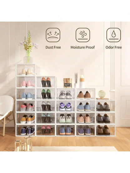 12-Pack Clear Stackable Shoe Boxes - Plastic, Black, For Closet/Entryway/Under Bed, Also For Toy Storage