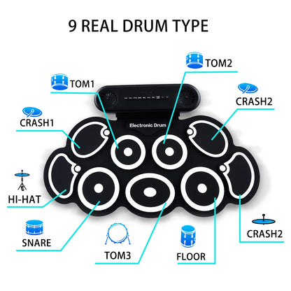 Electronic Drum Set, 9-Piece Rolled Up Electric Drum Pad Set, with Headphone Jack, 10 Hours of Playback Time, Built-In Speaker,
