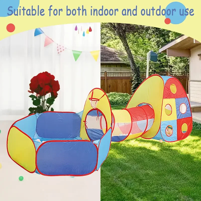 A Tent Playhouse Suitable For Indoor And Outdoor Use, Complete With A Tunnel, Ball Pool, And Fence,