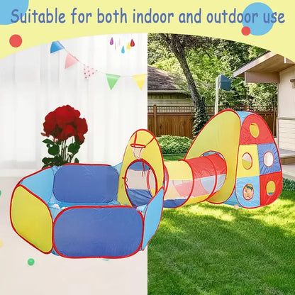 A Tent Playhouse Suitable For Indoor And Outdoor Use, Complete With A Tunnel, Ball Pool, And Fence,