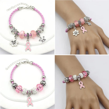 10PCS Lot Wholesale Breast Cancer Yellow Pink Ribbon Charm PU Braid Leather Bracelets For Women Jewelry Awareness Pulsera