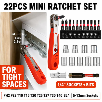 22PCS Mini Ratchet Screwdriver Set, 1/4 Inch Right Angle Ratchet Wrench with Sockets and Bits, Compact Repair Tool Kit for Tight Spaces