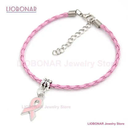 10PCS Lot Wholesale Breast Cancer Yellow Pink Ribbon Charm PU Braid Leather Bracelets For Women Jewelry Awareness Pulsera