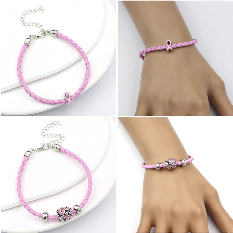 10PCS Lot Wholesale Breast Cancer Yellow Pink Ribbon Charm PU Braid Leather Bracelets For Women Jewelry Awareness Pulsera