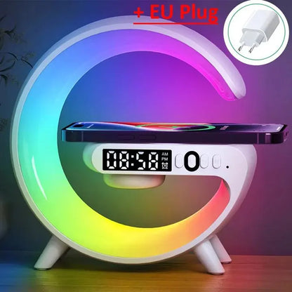 Multifunction Wireless Charger Stand Pad RGB Light Alarm Clock Speaker Fast Charging Dock Station