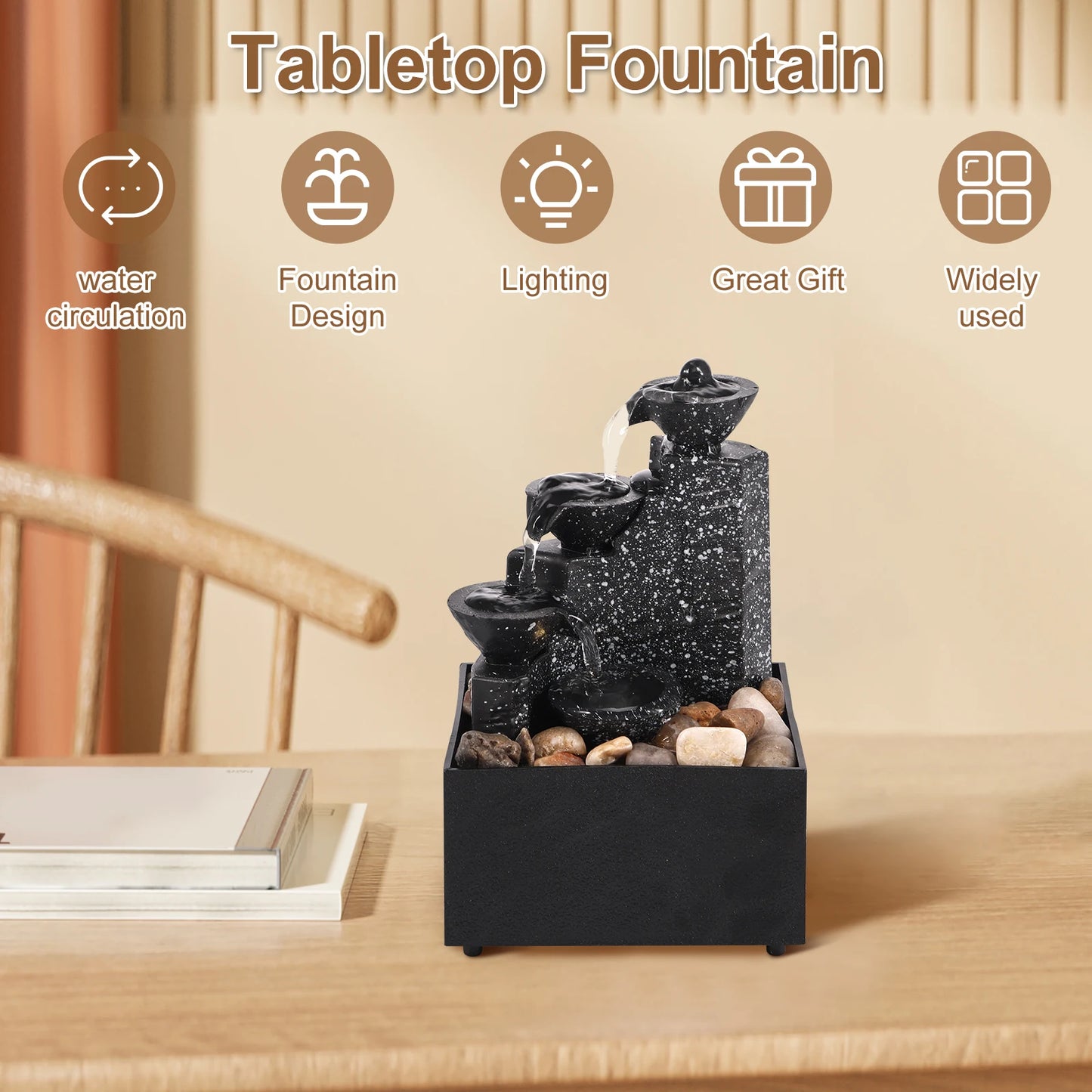 Tabletop Waterfall Home Decor Relaxation Meditation Desktop Fountain with Soft Lights Flowing Water Ornaments