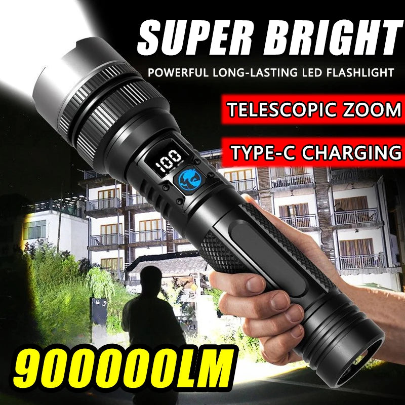 2000LM Super Bright LED Flashlight, USB-C Rechargeable with Digital Display Torch,Long Lasting for Outdoor Camping Emergency