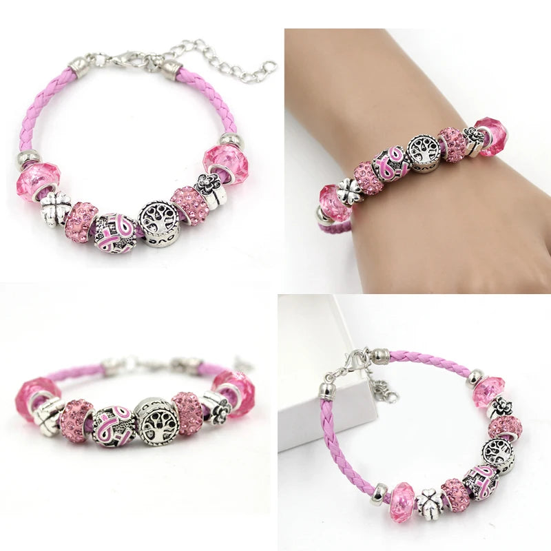 10PCS Lot Wholesale Breast Cancer Yellow Pink Ribbon Charm PU Braid Leather Bracelets For Women Jewelry Awareness Pulsera