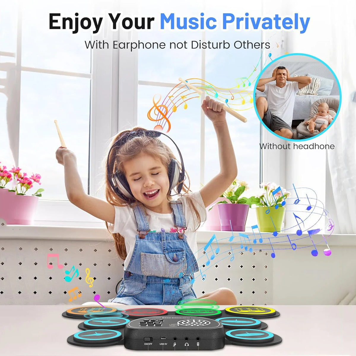 Electronic Drum Set, 9-Drum Practice Pad with Headphone Jack, Roll-up Drum Kit Machine with Speaker Drum Pedals,