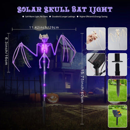 Halloween Decorations Outdoor Solar Garden Lights 2PC 3D Scary Bats Skeleton Waterproof Purple Orange LED Lights