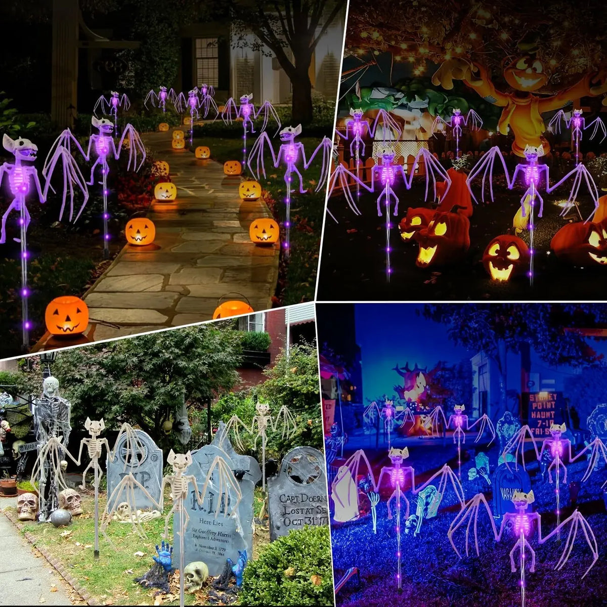 Halloween Decorations Outdoor Solar Garden Lights 2PC 3D Scary Bats Skeleton Waterproof Purple Orange LED Lights