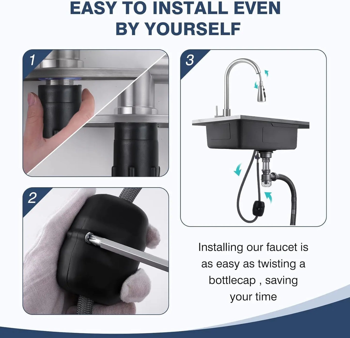 Stainless Steel Pull-Down Kitchen Faucet with Spray, Single Handle for 1-Hole Sink, Durable and Easy Install