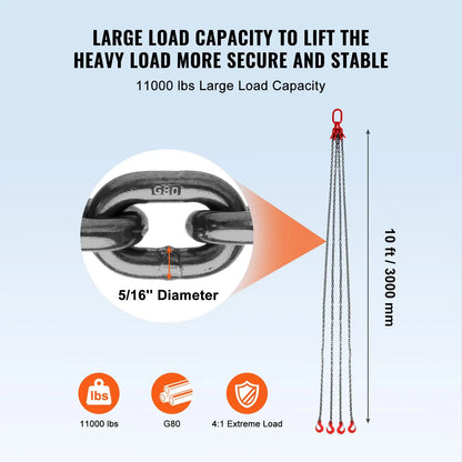 3/8 Inch Lifting Chain Sling, 8 Ton Capacity with Hooks for Engine Hoist