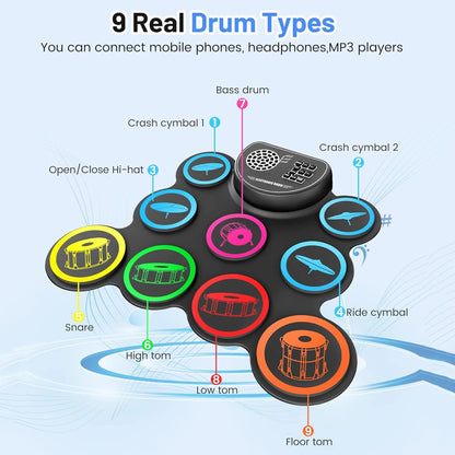 Electronic Drum Set, 9-Drum Practice Pad with Headphone Jack, Roll-up Drum Kit Machine with Speaker Drum Pedals,