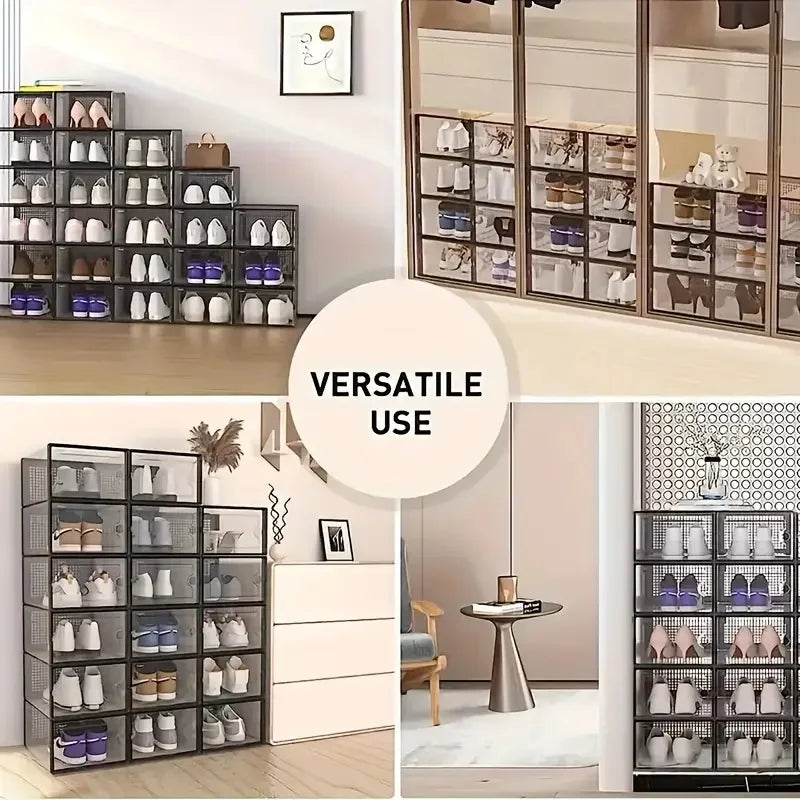 12-Pack Transparent Plastic Stackable Shoe Storage Boxes for Closet Linked Design Sports Shoe Organizers Foldable Shoe Racks