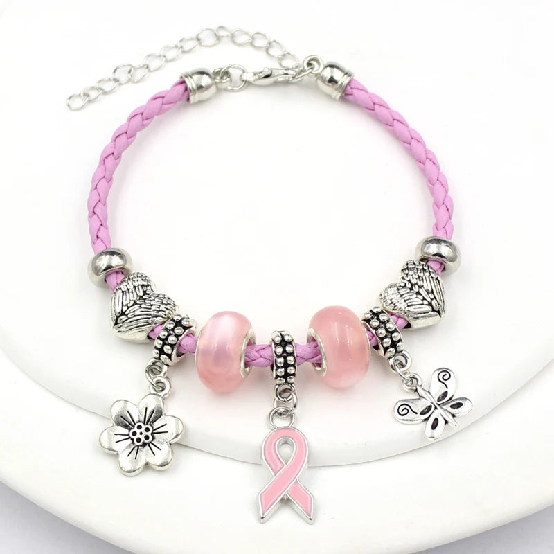 10PCS Lot Wholesale Breast Cancer Yellow Pink Ribbon Charm PU Braid Leather Bracelets For Women Jewelry Awareness Pulsera