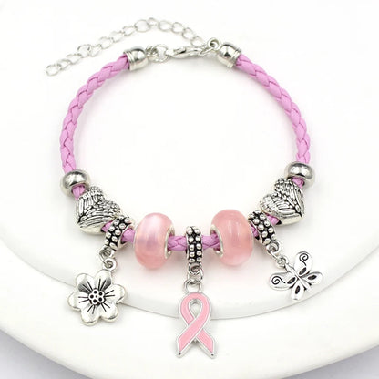 10PCS Lot Wholesale Breast Cancer Yellow Pink Ribbon Charm PU Braid Leather Bracelets For Women Jewelry Awareness Pulsera