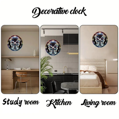 Rustic Gothic Skull Wooden Round Silent Hanging Wall Clock, Home Decoration