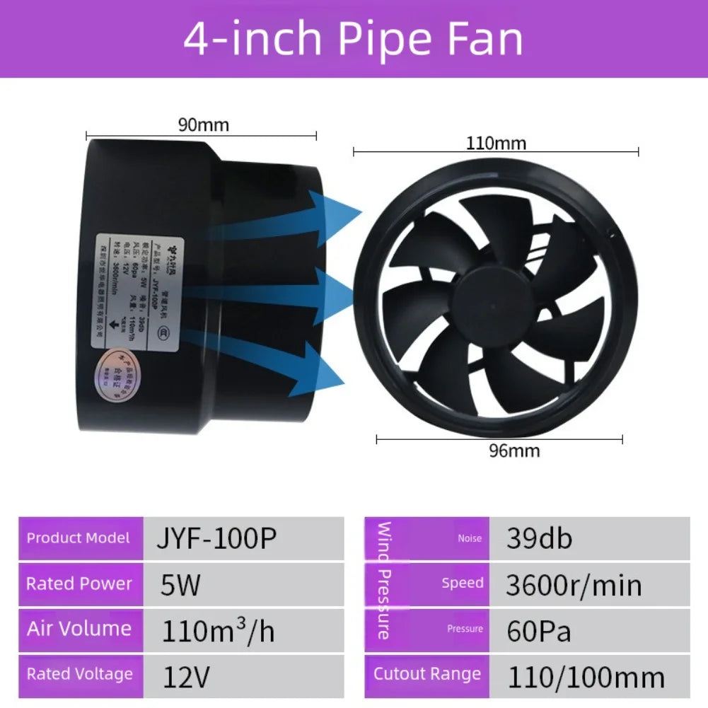 1pc Powerful Duct Fan 12V Ventilation Exhaust Fan 100mm-110mm Duct Extractor Fan For Bedrooms Bathrooms Kitchens Chicken Coops