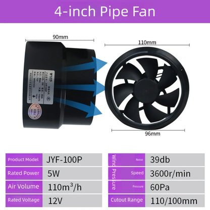 1pc Powerful Duct Fan 12V Ventilation Exhaust Fan 100mm-110mm Duct Extractor Fan For Bedrooms Bathrooms Kitchens Chicken Coops
