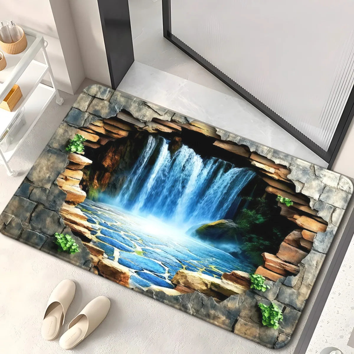 "Waterfall Scene" Doormat – 3D Stone Cave Design with Flowing Water, Non-Slip & Machine Washable for Entryway or Home Decor