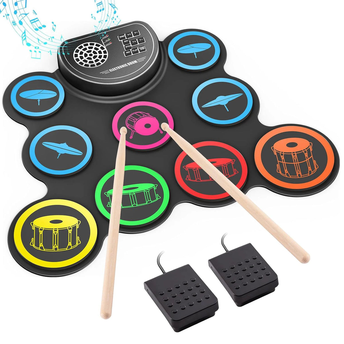 Electronic Drum Set, 9-Drum Practice Pad with Headphone Jack, Roll-up Drum Kit Machine with Speaker Drum Pedals,
