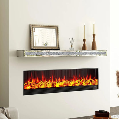 SHYFOY Crystal Fireplace Mantel Mirrored, 48" Glass Floating Mantel Shelf