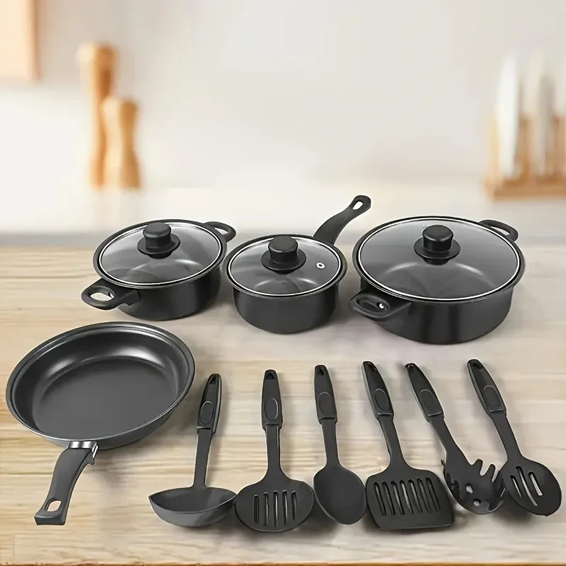 13-Piece Nonstick Cookware Set Black - Induction Compatible Pot Pan Set with Frying Pan & Utensils