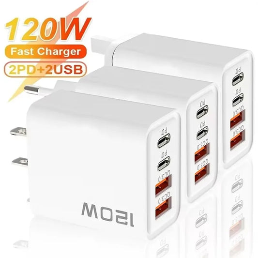 4 Ports 120W Charger USB C PD Quick Charge 3.0 Type C USB Phone Chargers