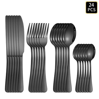 4/6/16/24pcs Black stainless steel cutlery 1010 round handle knife, fork and spoon cutlery set suitable for home and hotel