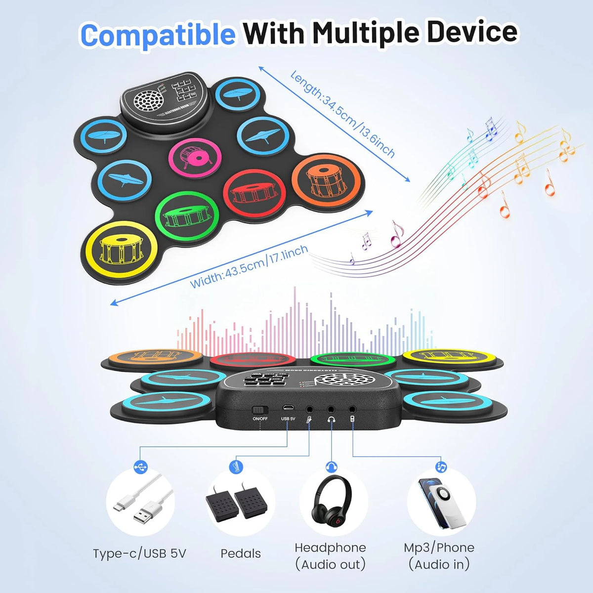 Electronic Drum Set, 9-Drum Practice Pad with Headphone Jack, Roll-up Drum Kit Machine with Speaker Drum Pedals,