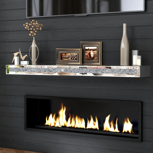 SHYFOY Crystal Fireplace Mantel Mirrored, 48" Glass Floating Mantel Shelf