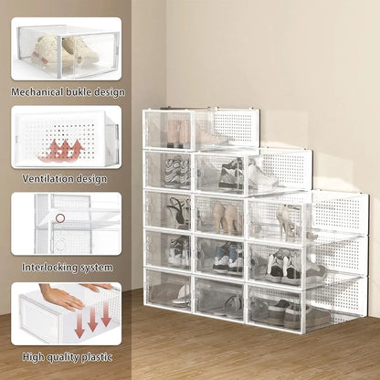 12-Pack Transparent Plastic Stackable Shoe Storage Boxes for Closet Linked Design Sports Shoe Organizers Foldable Shoe Racks