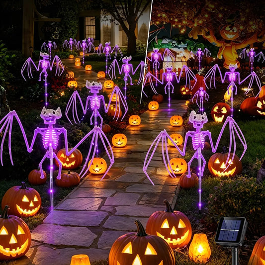 Halloween Decorations Outdoor Solar Garden Lights 2PC 3D Scary Bats Skeleton Waterproof Purple Orange LED Lights